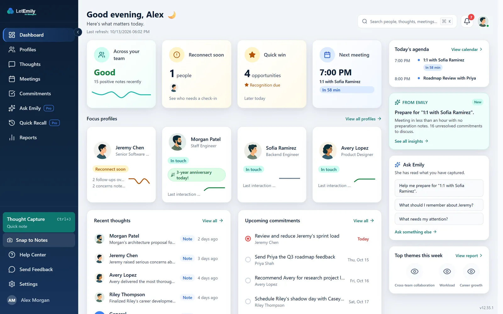 The LetEmily for Managers dashboard: today’s agenda, the people worth a check-in, recent notes, upcoming commitments and a prompt from Emily to prepare for the next 1:1.