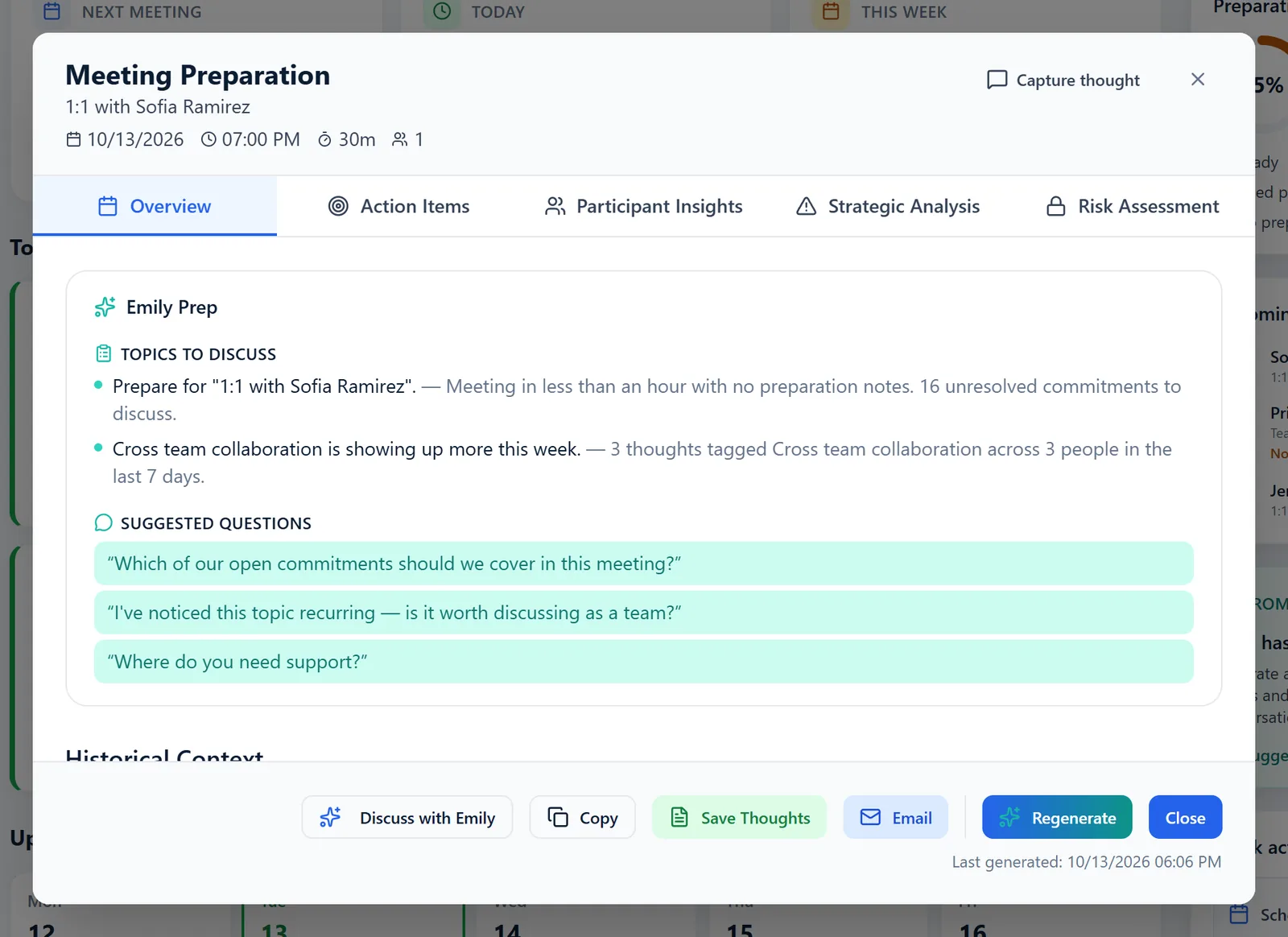 Meeting preparation before a 1:1 with Sofia: topics worth raising, drawn from your own notes, and three suggested questions.